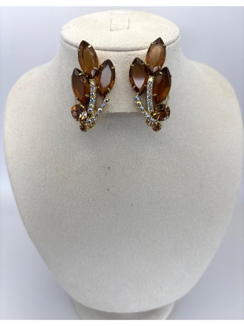 Juliana Vintage Brown Topaz Glass AB Rhinestone Leaf Gold Tone Clip On Earrings